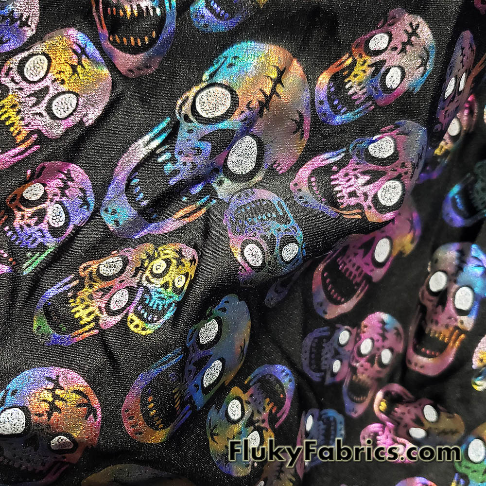 Rainbow Metallic Foil Tossed Skulls Print on Black 4-Way Stretch Spandex Fabric