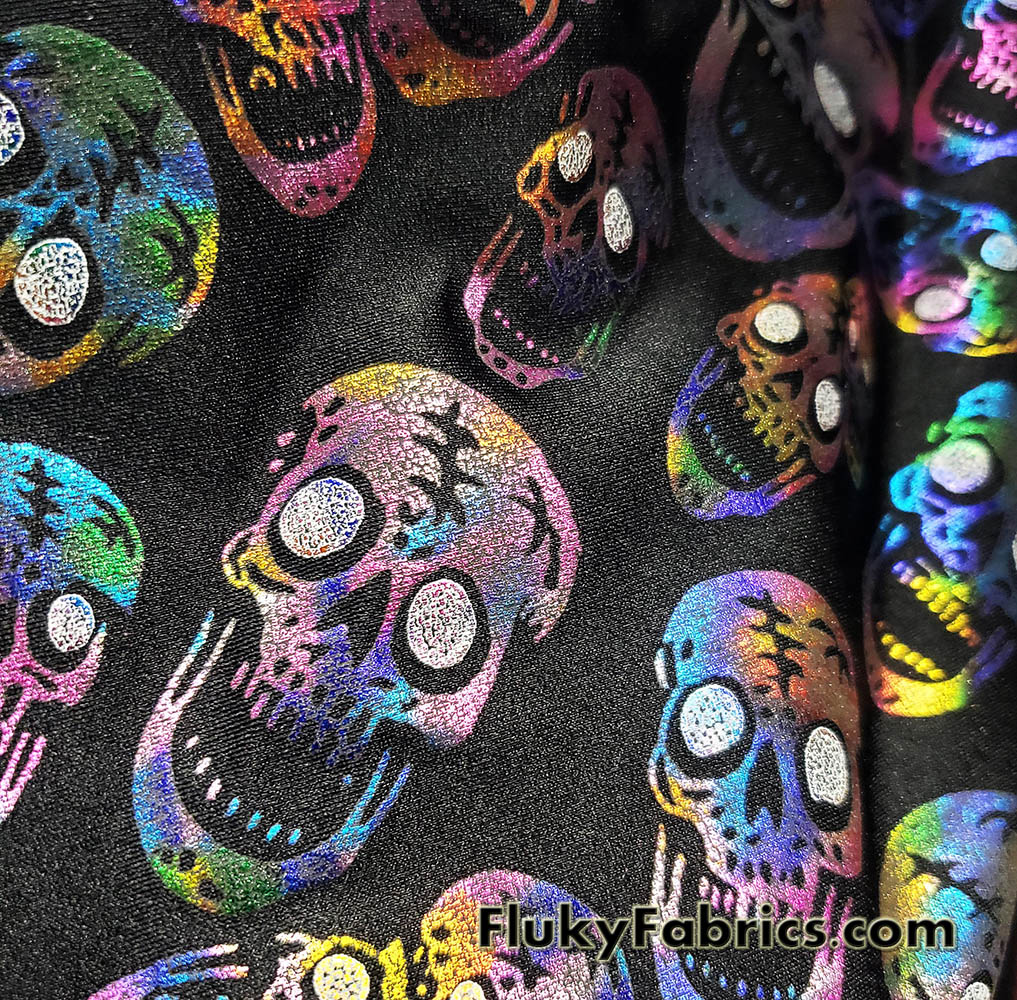 Rainbow Metallic Foil Tossed Skulls Print on Black 4-Way Stretch Spandex Fabric