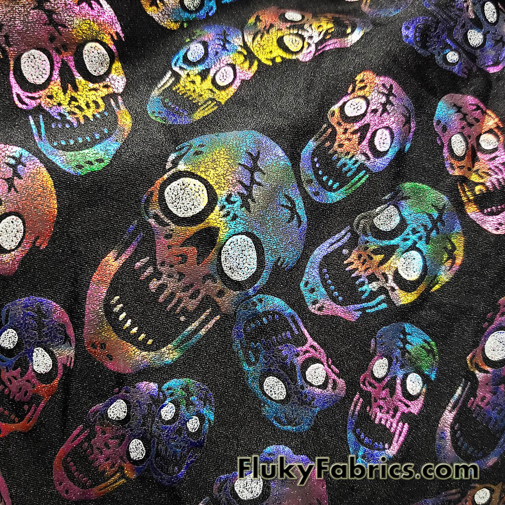 Rainbow Metallic Foil Tossed Skulls Print on Black 4-Way Stretch Spandex Fabric