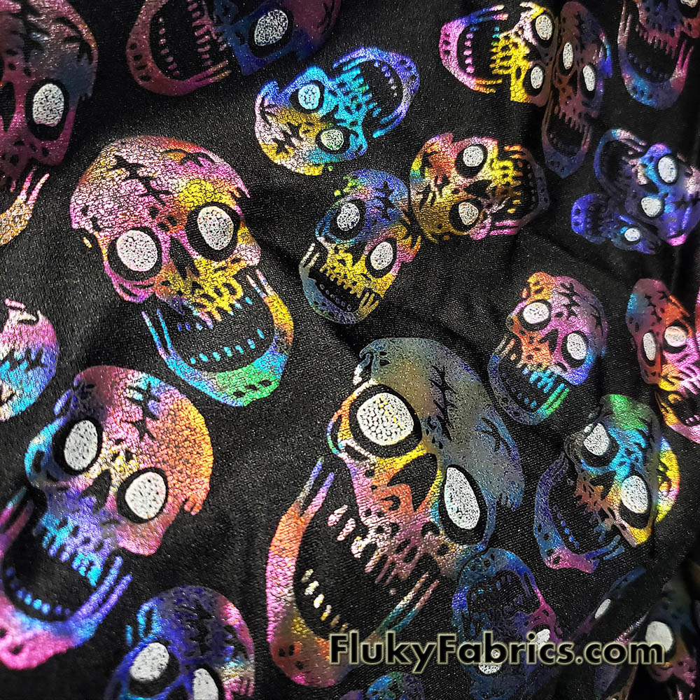 Rainbow Metallic Foil Tossed Skulls Print on Black 4-Way Stretch Spandex Fabric