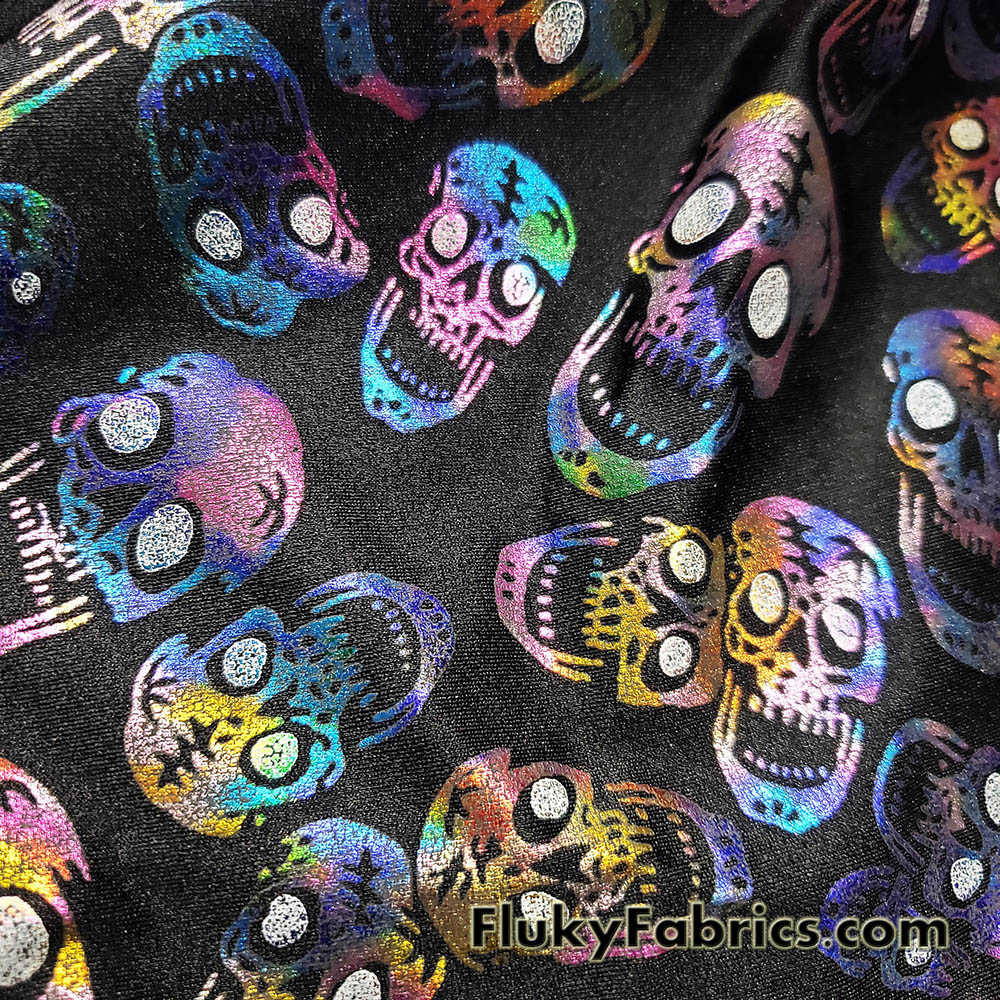Rainbow Metallic Foil Tossed Skulls Print on Black 4-Way Stretch Spandex Fabric