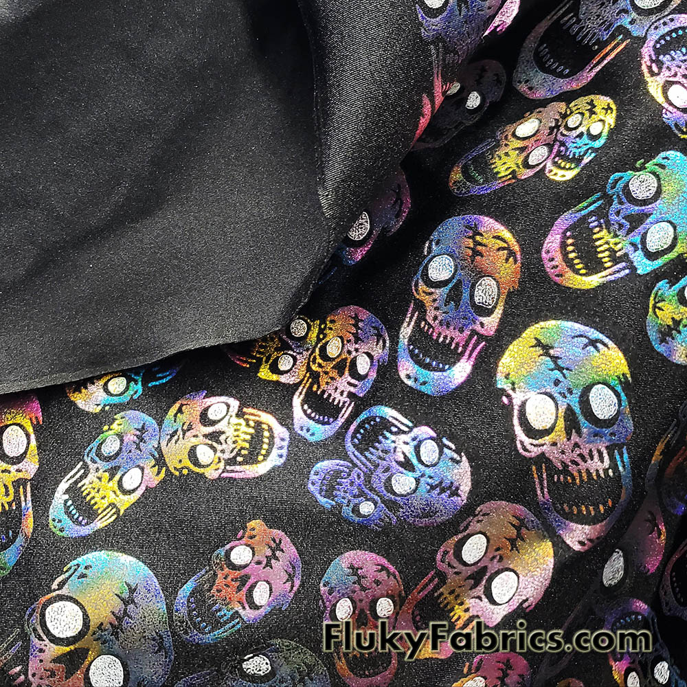 Rainbow Metallic Foil Tossed Skulls Print on Black 4-Way Stretch Spandex Fabric