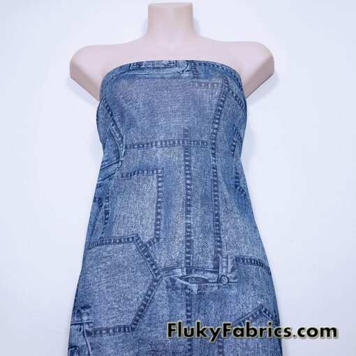 Denim Blue Glitter Mesh Fabric 4-Way Stretch Sheer Spandex with Jeans Pocket Print