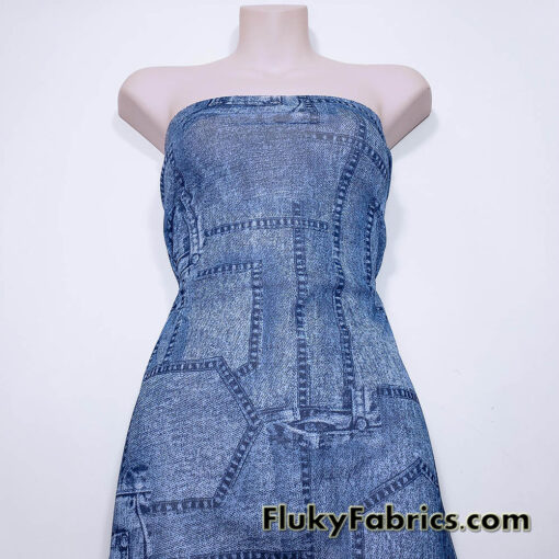 Denim Blue Glitter Mesh Fabric 4-Way Stretch Sheer Spandex with Jeans Pocket Print