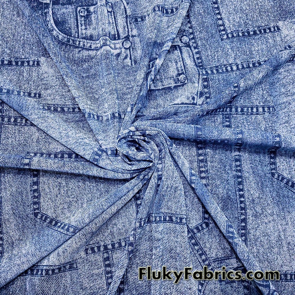 Denim Blue Glitter Mesh Fabric 4-Way Stretch Sheer Spandex with Jeans Pocket Print