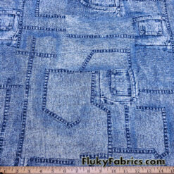 Denim Blue Glitter Mesh Fabric 4-Way Stretch Sheer Spandex with Jeans Pocket Print