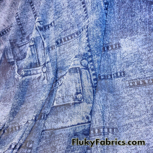 Denim Blue Glitter Mesh Fabric 4-Way Stretch Sheer Spandex with Jeans Pocket Print