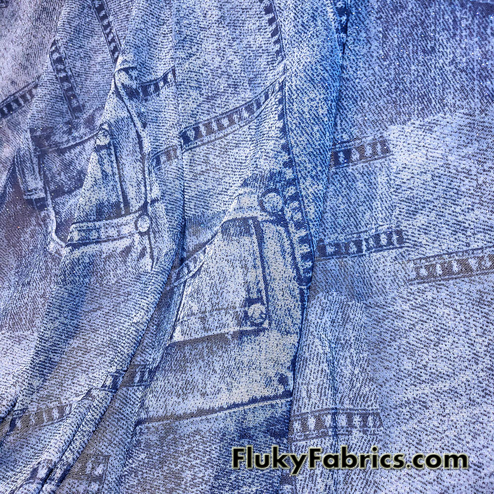 Denim Blue Glitter Mesh Fabric 4-Way Stretch Sheer Spandex with Jeans Pocket Print