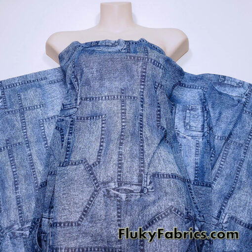 Denim Blue Glitter Mesh Fabric 4-Way Stretch Sheer Spandex with Jeans Pocket Print