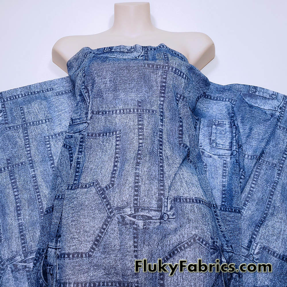 Denim Blue Glitter Mesh Fabric 4-Way Stretch Sheer Spandex with Jeans Pocket Print