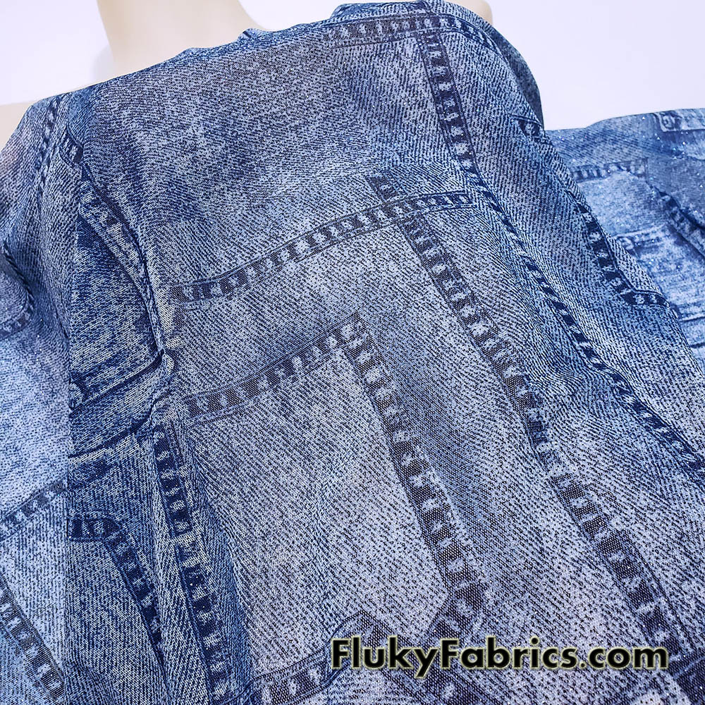 Denim Blue Glitter Mesh Fabric 4-Way Stretch Sheer Spandex with Jeans Pocket Print