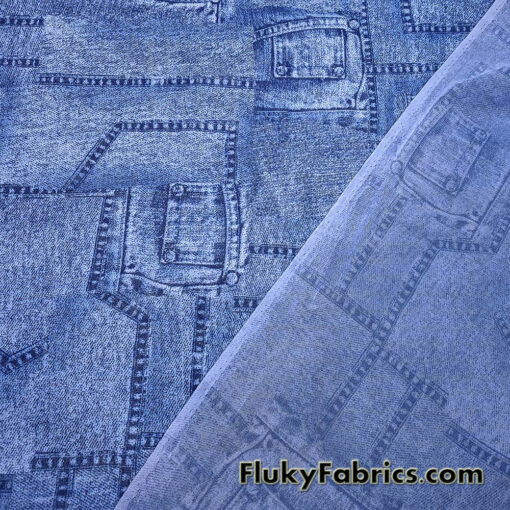 Denim Blue Glitter Mesh Fabric 4-Way Stretch Sheer Spandex with Jeans Pocket Print