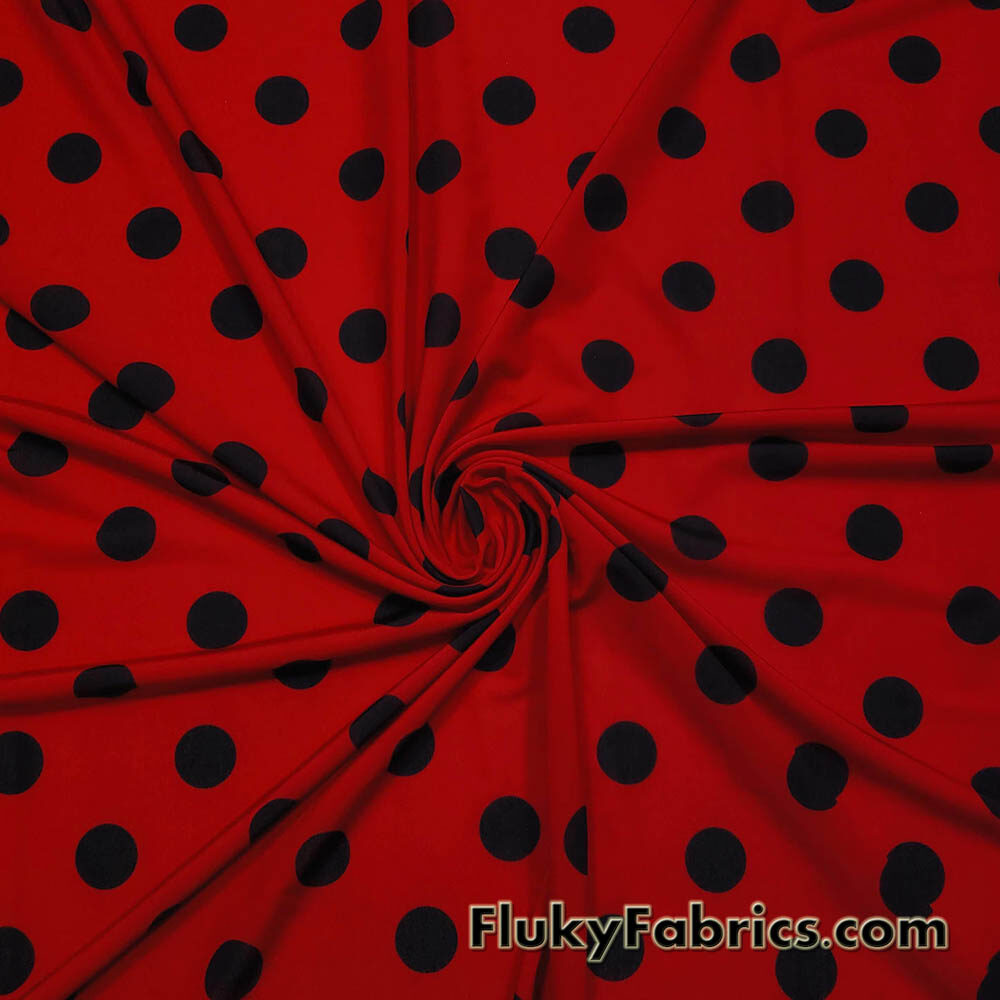 Red Polka Dot Poly Spandex Fabric @flukyfabrics