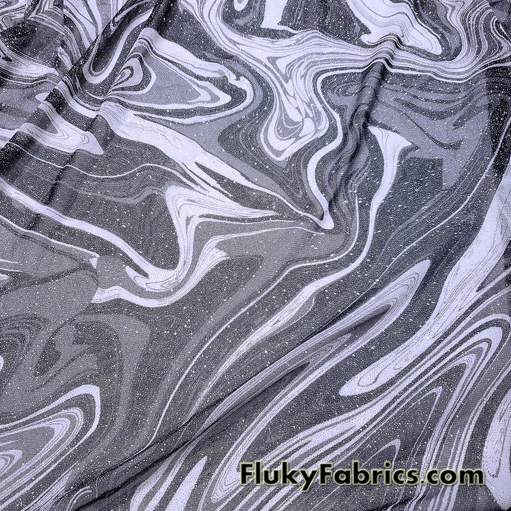 Silver Glitter Marble Swirl Stretch Mesh Fabric