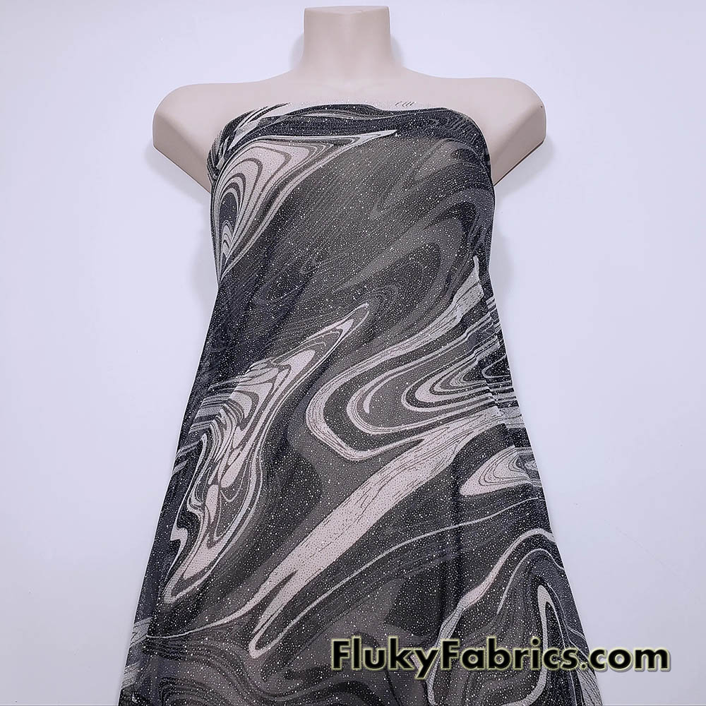 Silver Glitter Marble Swirl Stretch Mesh Fabric