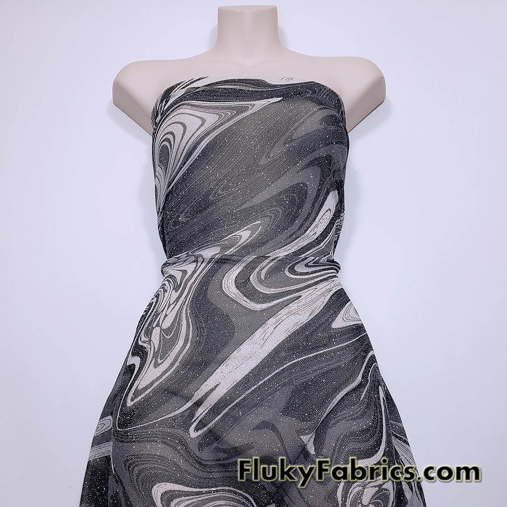 Silver Glitter Marble Swirl Stretch Mesh Fabric