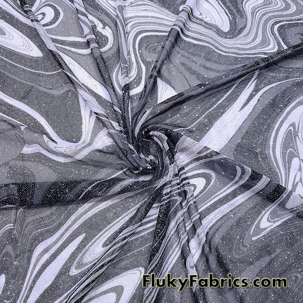 Silver Glitter Marble Swirl Stretch Mesh Fabric