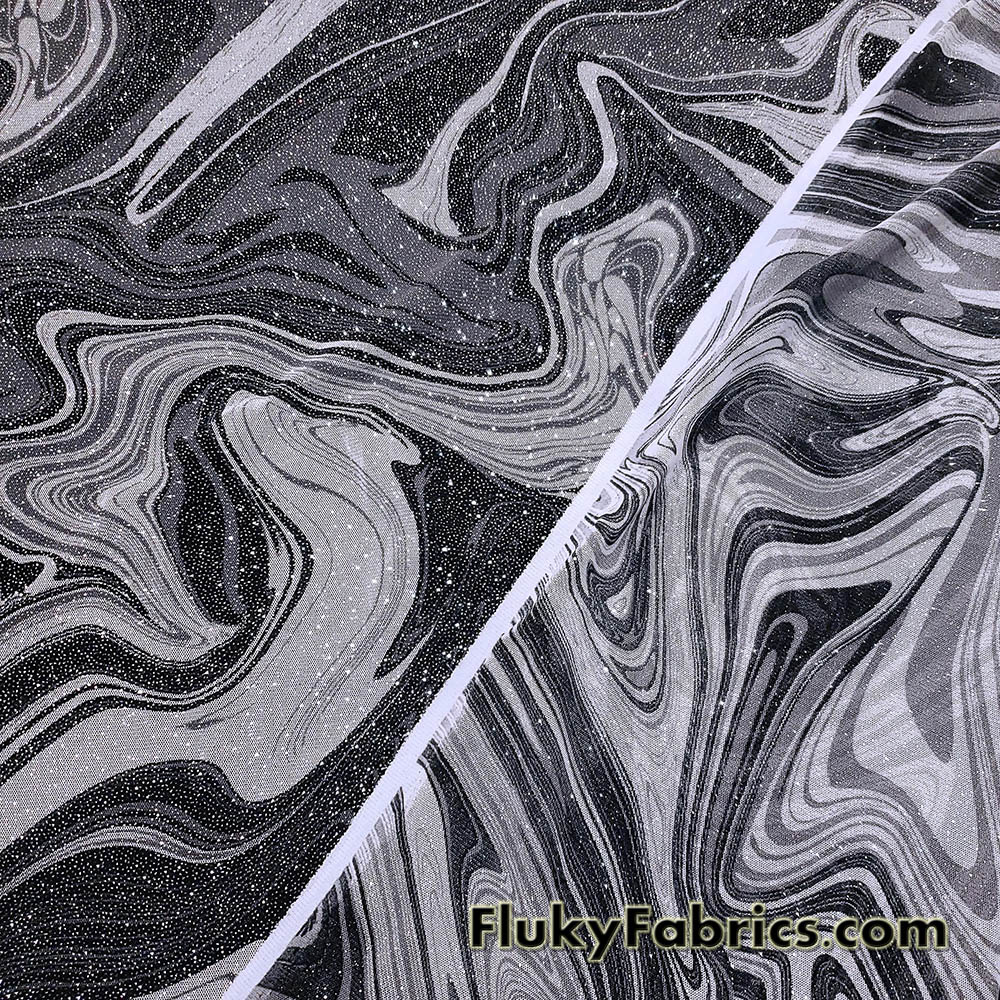 Silver Glitter Marble Swirl Stretch Mesh Fabric