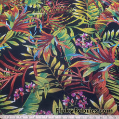 Tropical Floral Stretch Mesh Fabric – Colorful Jungle Leaves & Flowers Print