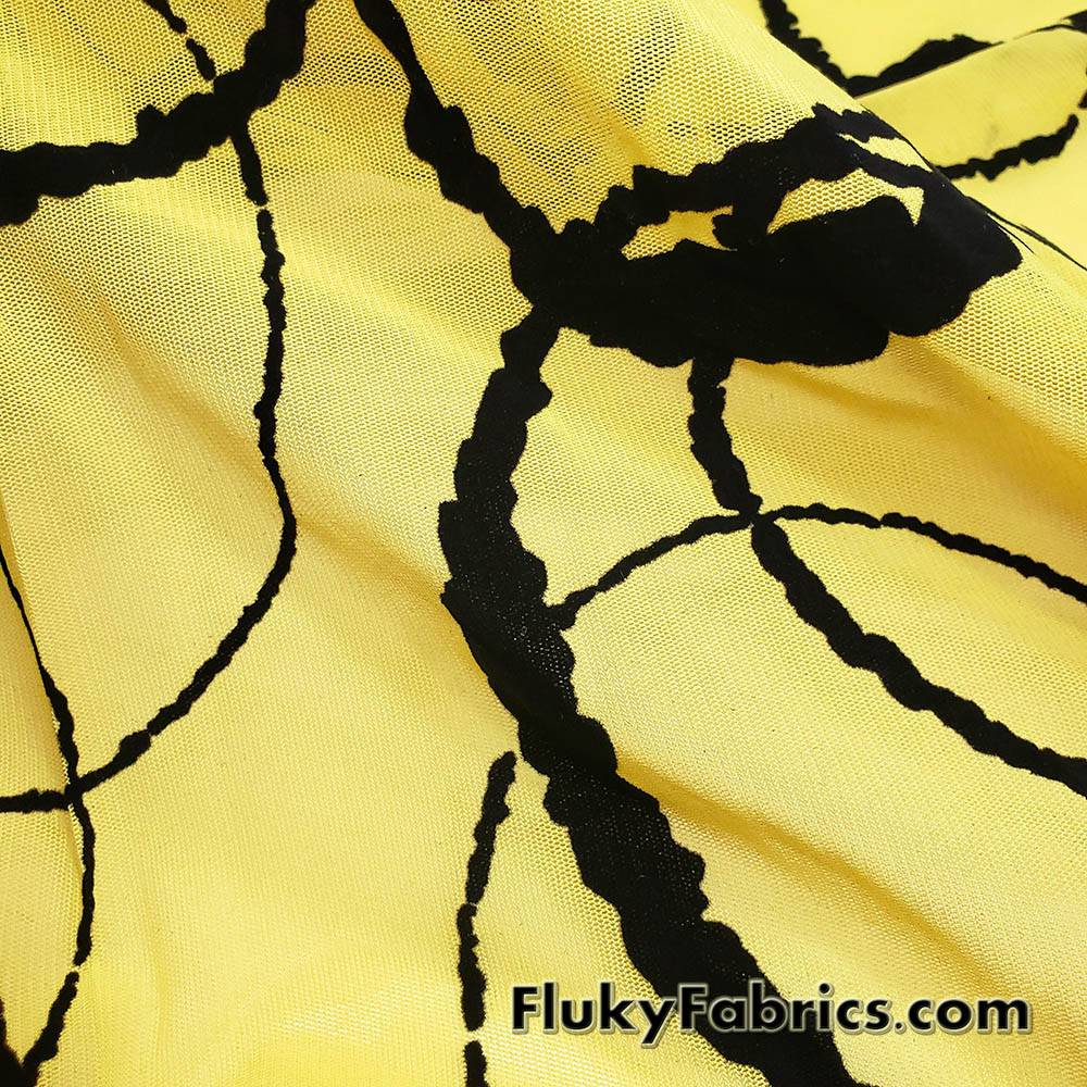 Yellow Black Velvet Circle Mesh Fabric