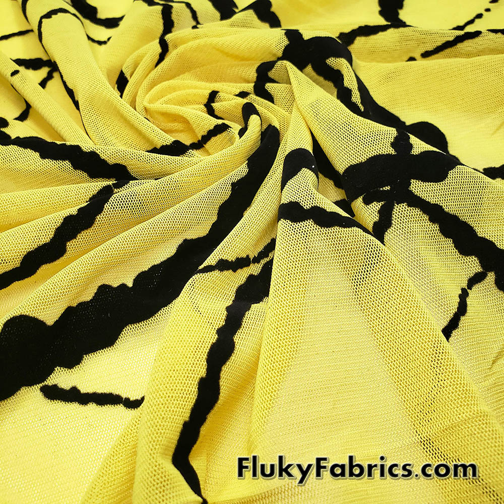 Yellow Black Velvet Circle Mesh Fabric