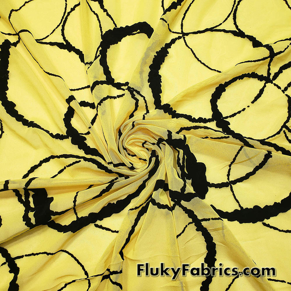 Yellow Black Velvet Circle Mesh Fabric