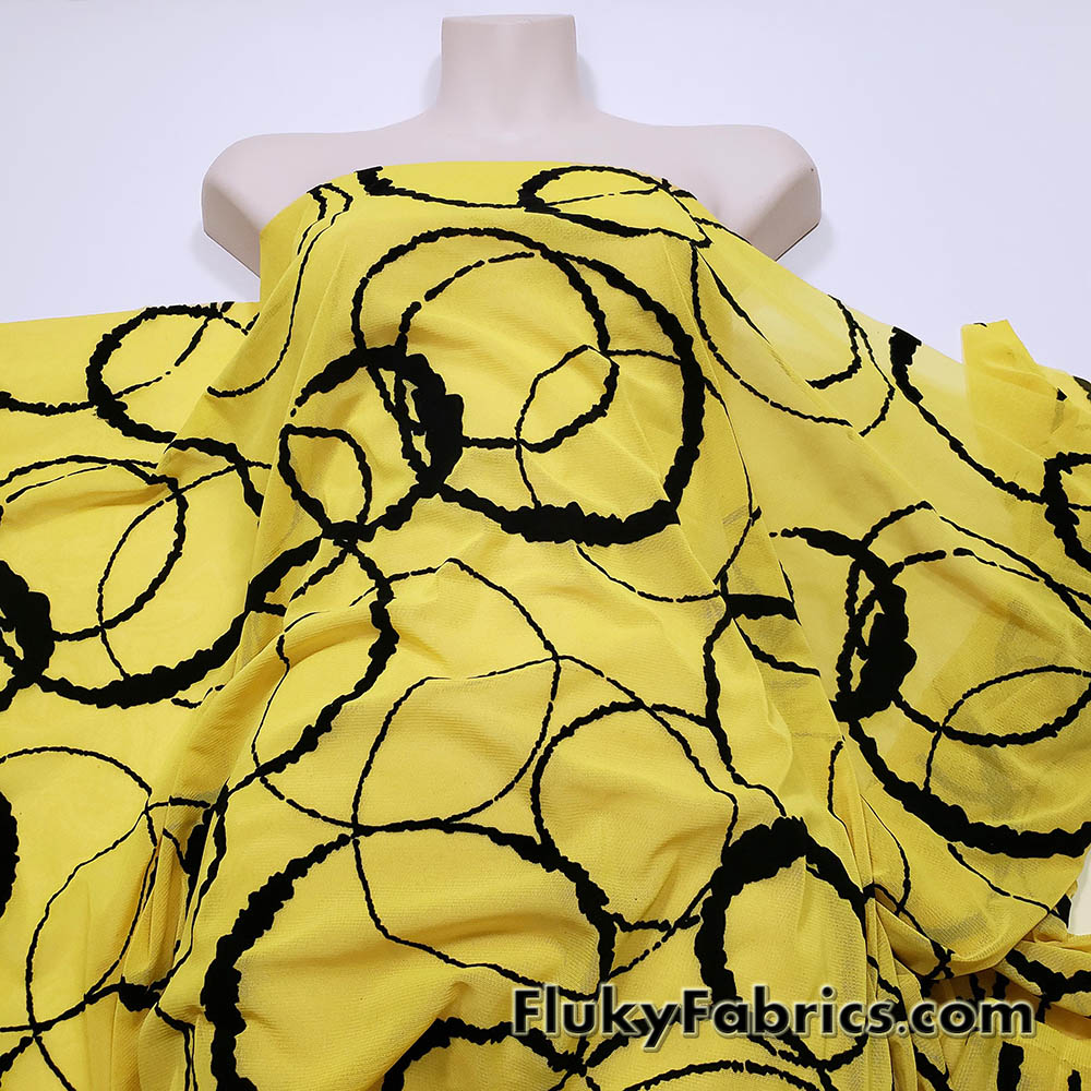 Yellow Black Velvet Circle Mesh Fabric