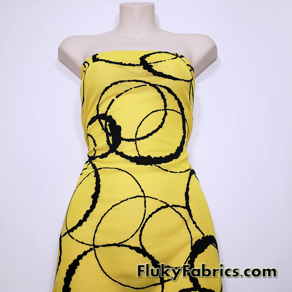 Yellow Black Velvet Circle Mesh Fabric