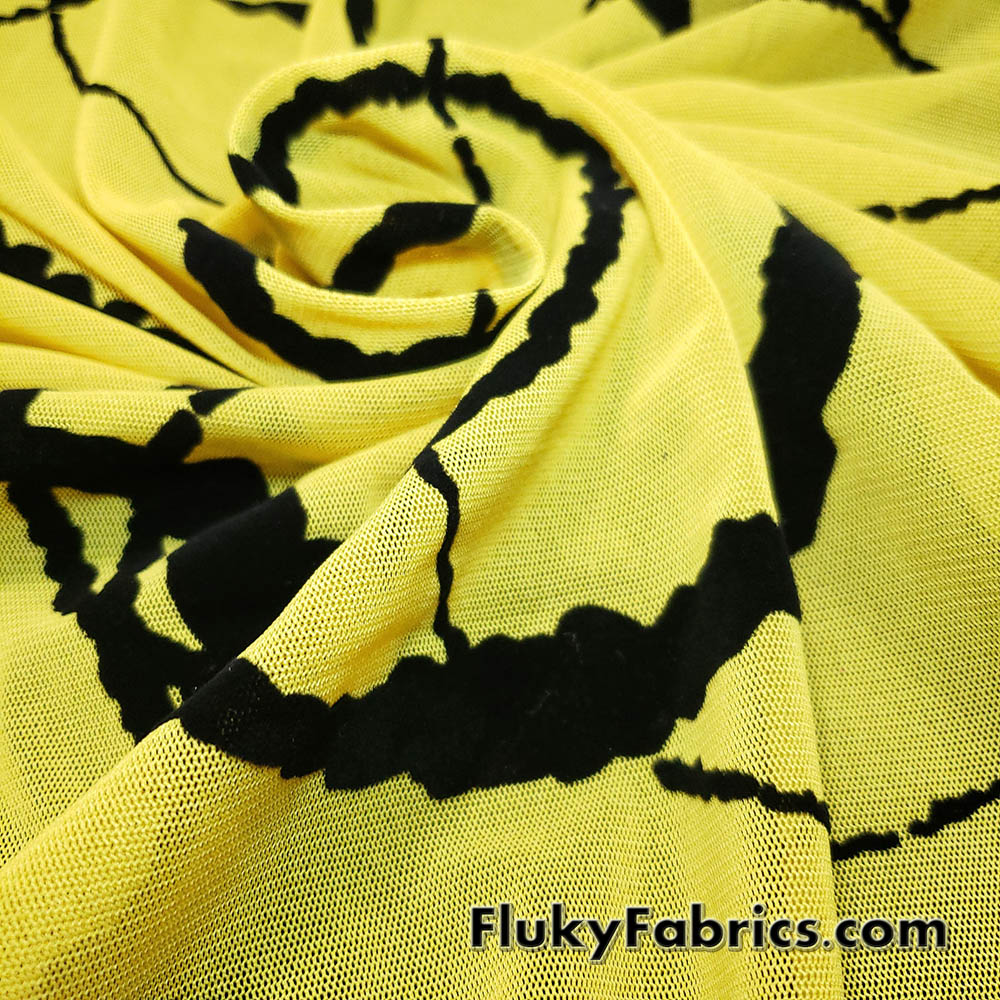 Yellow Black Velvet Circle Mesh Fabric
