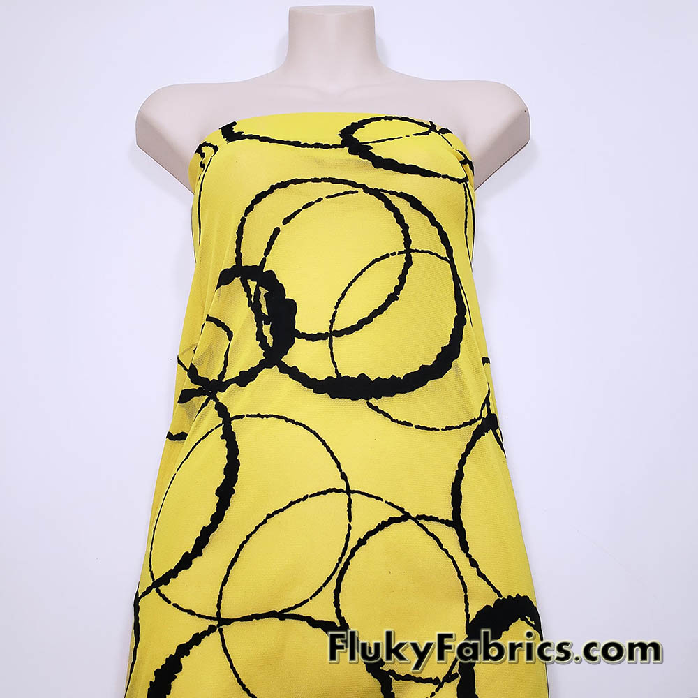 Yellow Black Velvet Circle Mesh Fabric