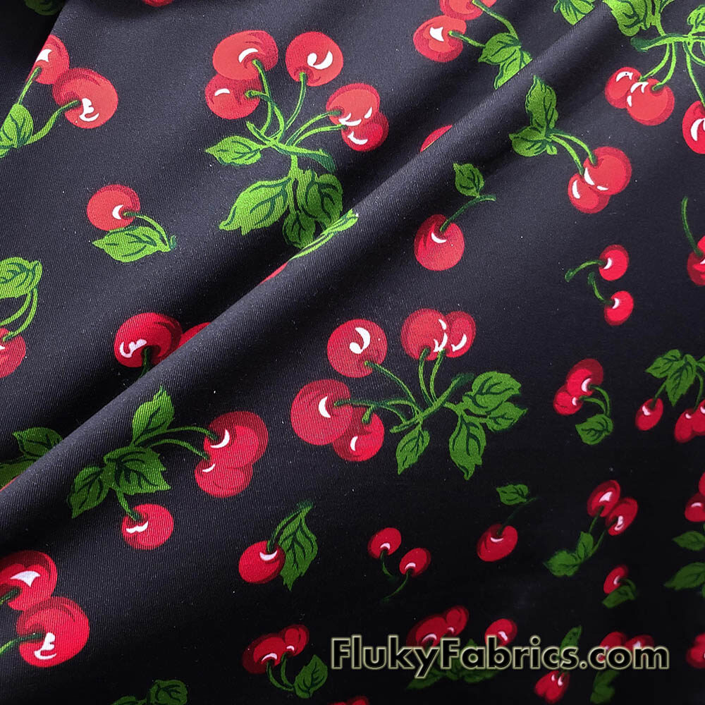 Black Cherry Print 4-Way Stretch Fabric @flukyfabrics