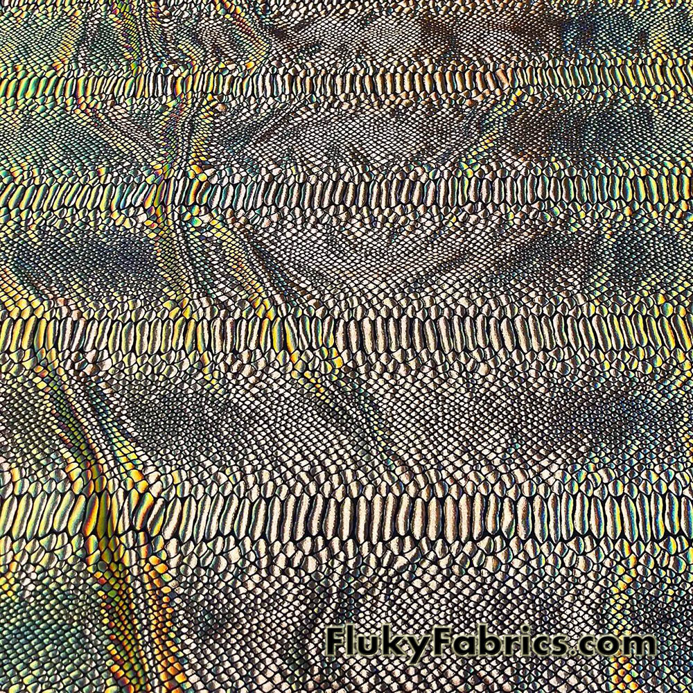 Iridescent Gold Snake Foil on Black Nylon Spandex 4-Way Stretch
