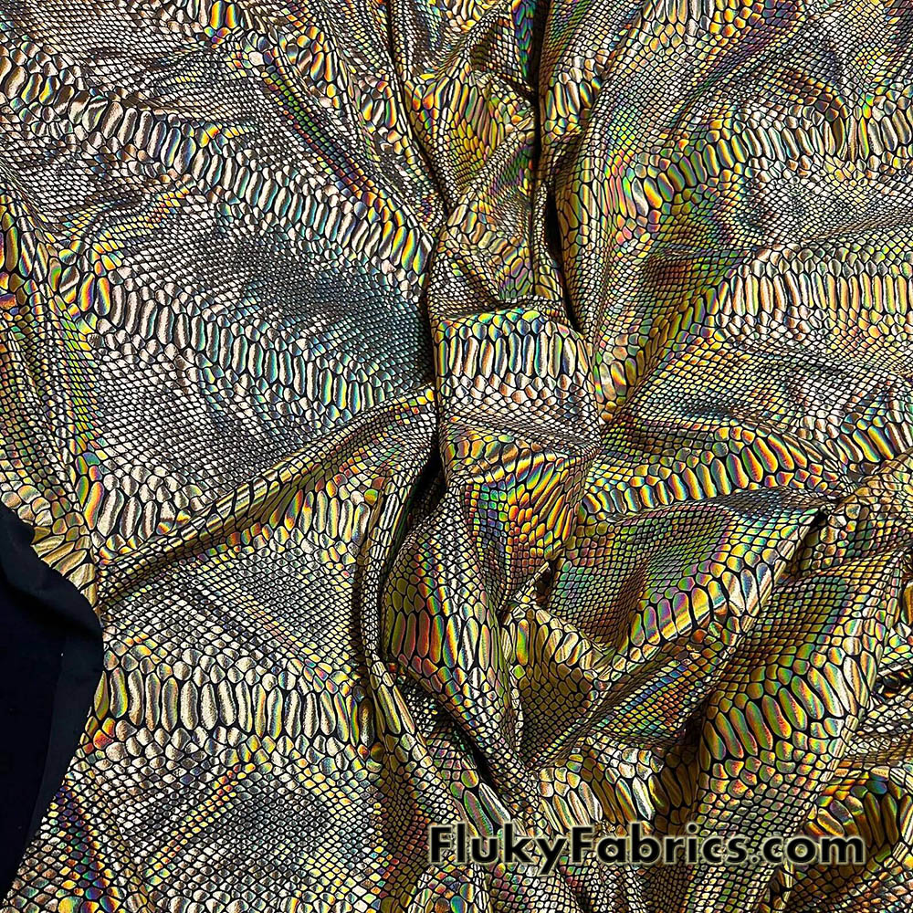 Iridescent Gold Snake Foil on Black Nylon Spandex 4-Way Stretch