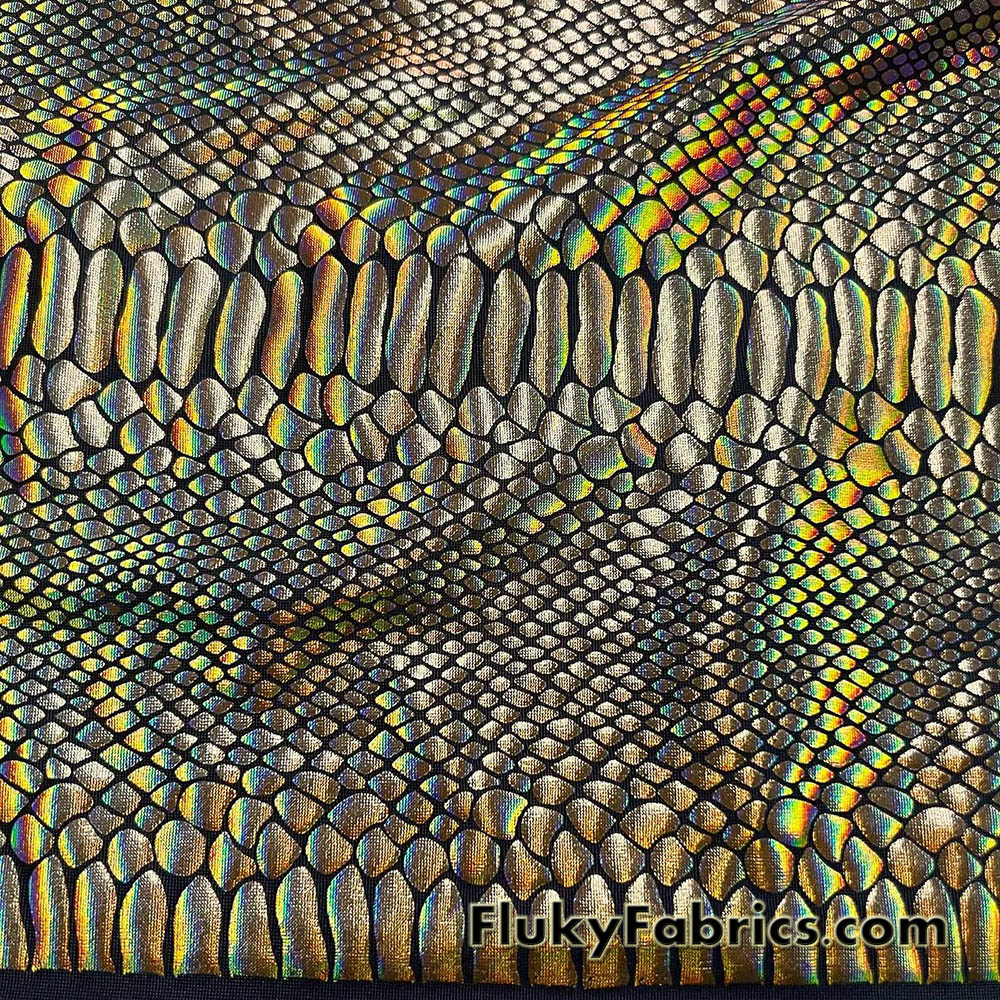 Iridescent Gold Snake Foil on Black Nylon Spandex 4-Way Stretch