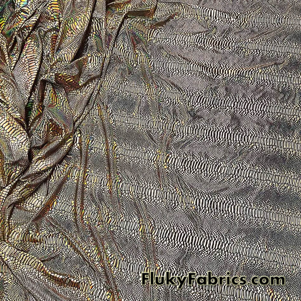 Iridescent Gold Snake Foil on Black Nylon Spandex 4-Way Stretch