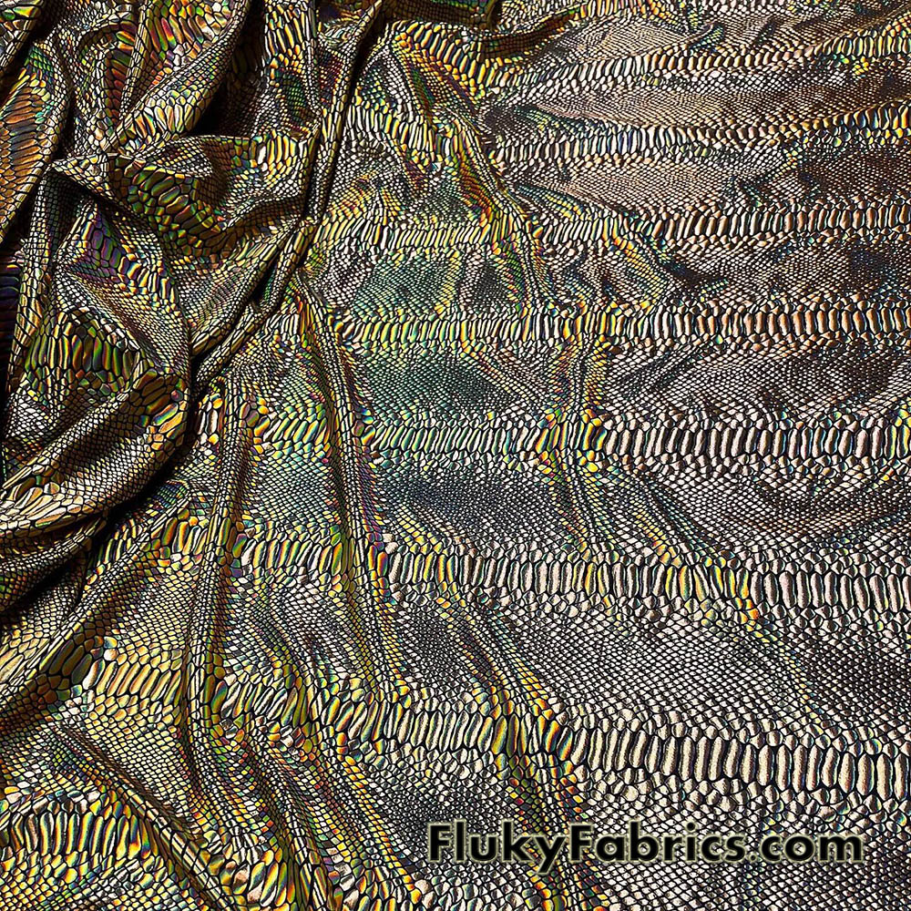 Iridescent Gold Snake Foil on Black Nylon Spandex 4-Way Stretch
