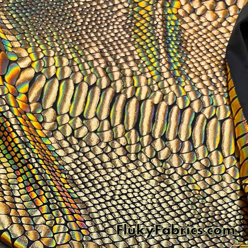 Iridescent Gold Snake Foil on Black Nylon Spandex 4-Way Stretch
