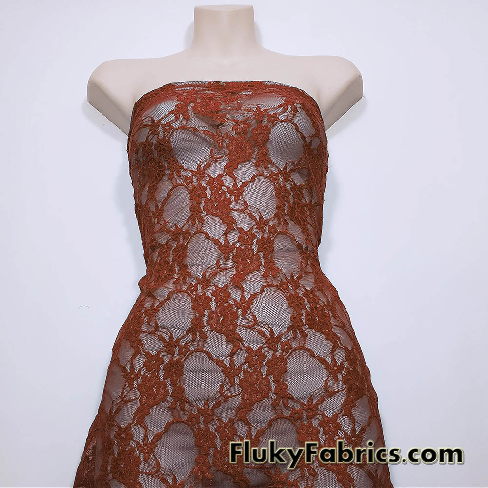 Dark Rust 4-Way Stretch Lace Fabric – Lightweight and Sheer