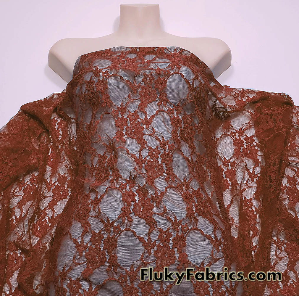 Dark Rust 4-Way Stretch Lace Fabric – Lightweight and Sheer