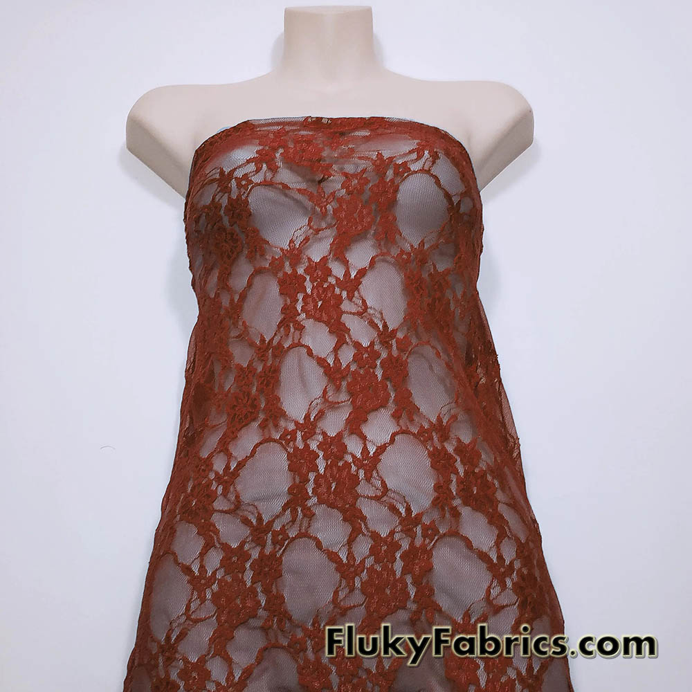 Dark Rust 4-Way Stretch Lace Fabric – Lightweight and Sheer