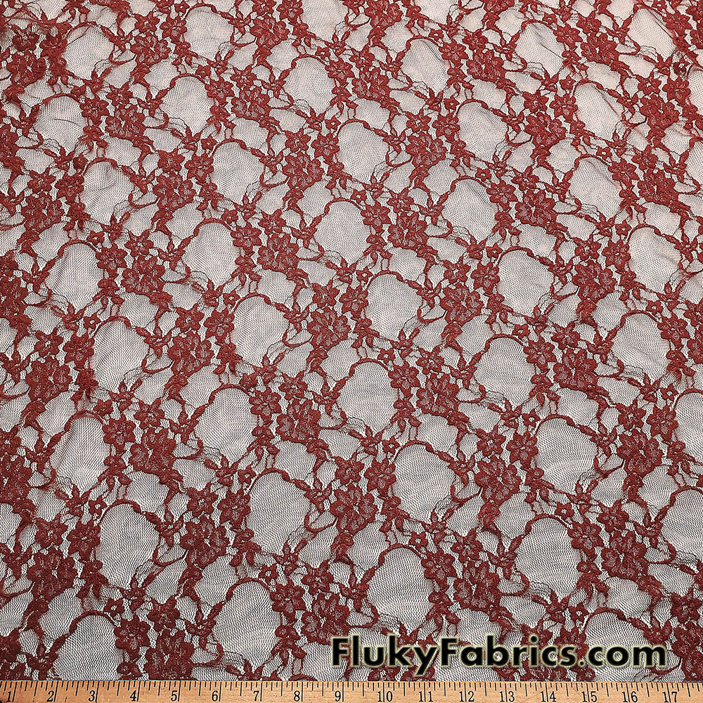 Dark Rust 4-Way Stretch Lace Fabric – Lightweight and Sheer