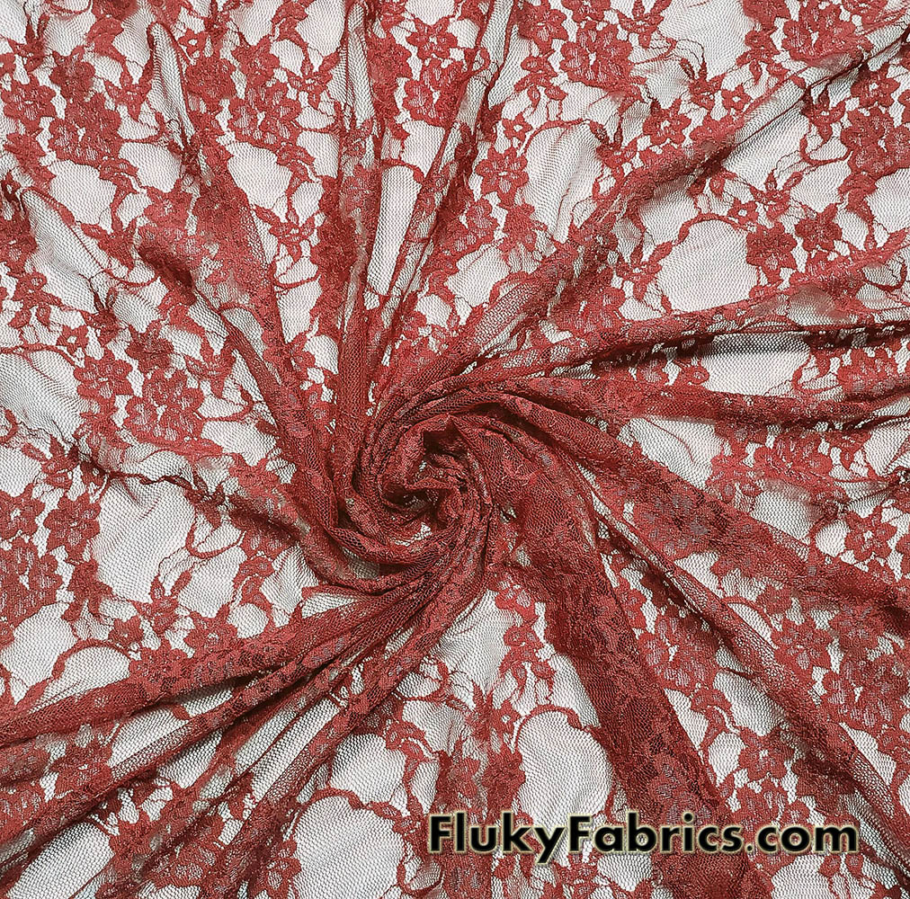 Dark Rust 4-Way Stretch Lace Fabric – Lightweight and Sheer