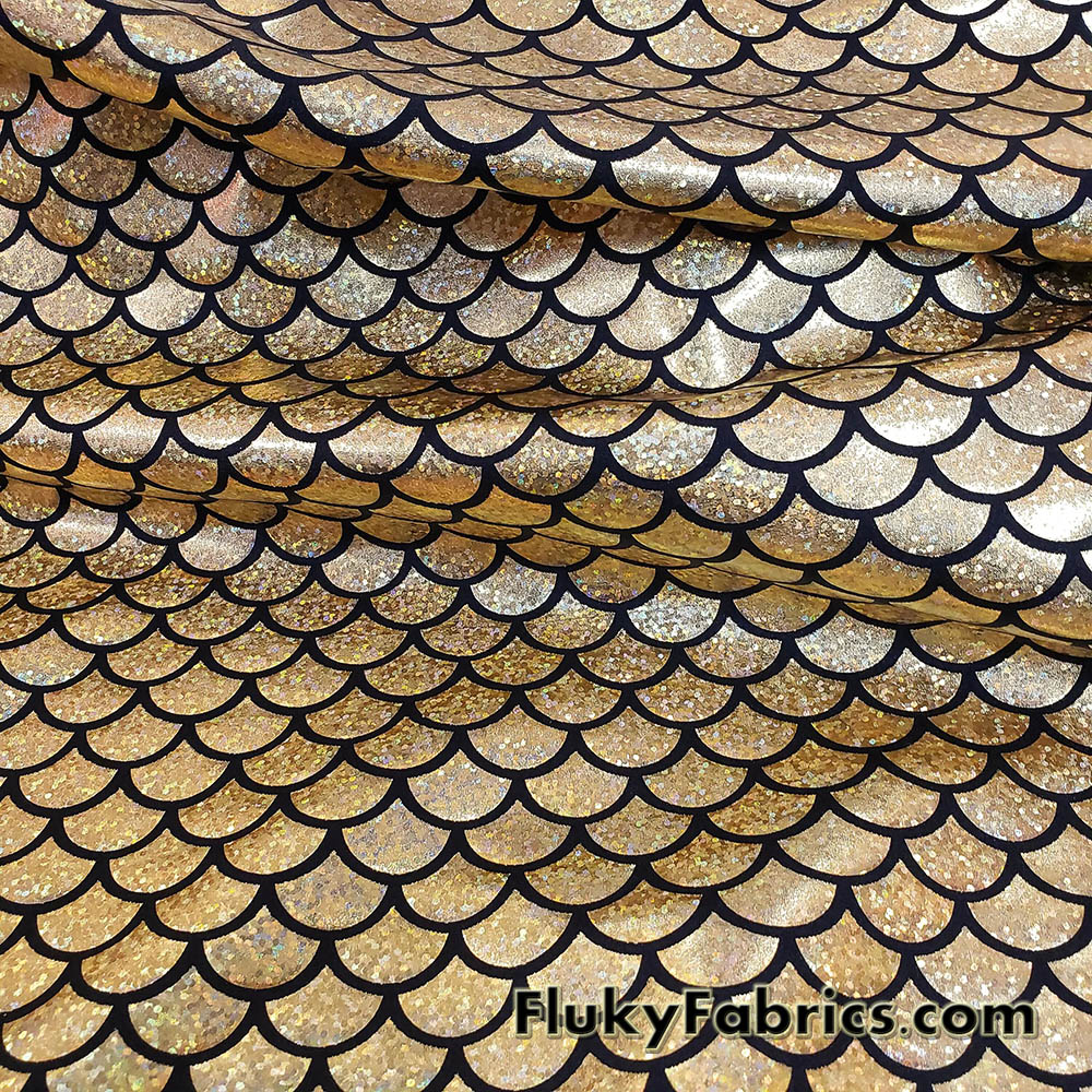 Golden Holo Mermaid Scales Fabric: Gold on Black 4-Way Stretch Nylon Spandex