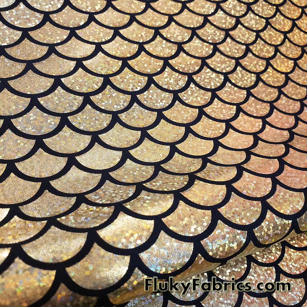 Golden Holo Mermaid Scales Fabric: Gold on Black 4-Way Stretch Nylon Spandex