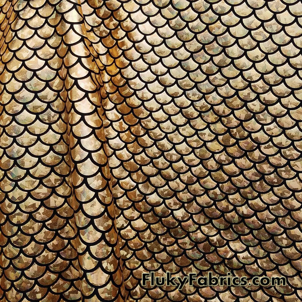 Golden Holo Mermaid Scales Fabric: Gold on Black 4-Way Stretch Nylon Spandex