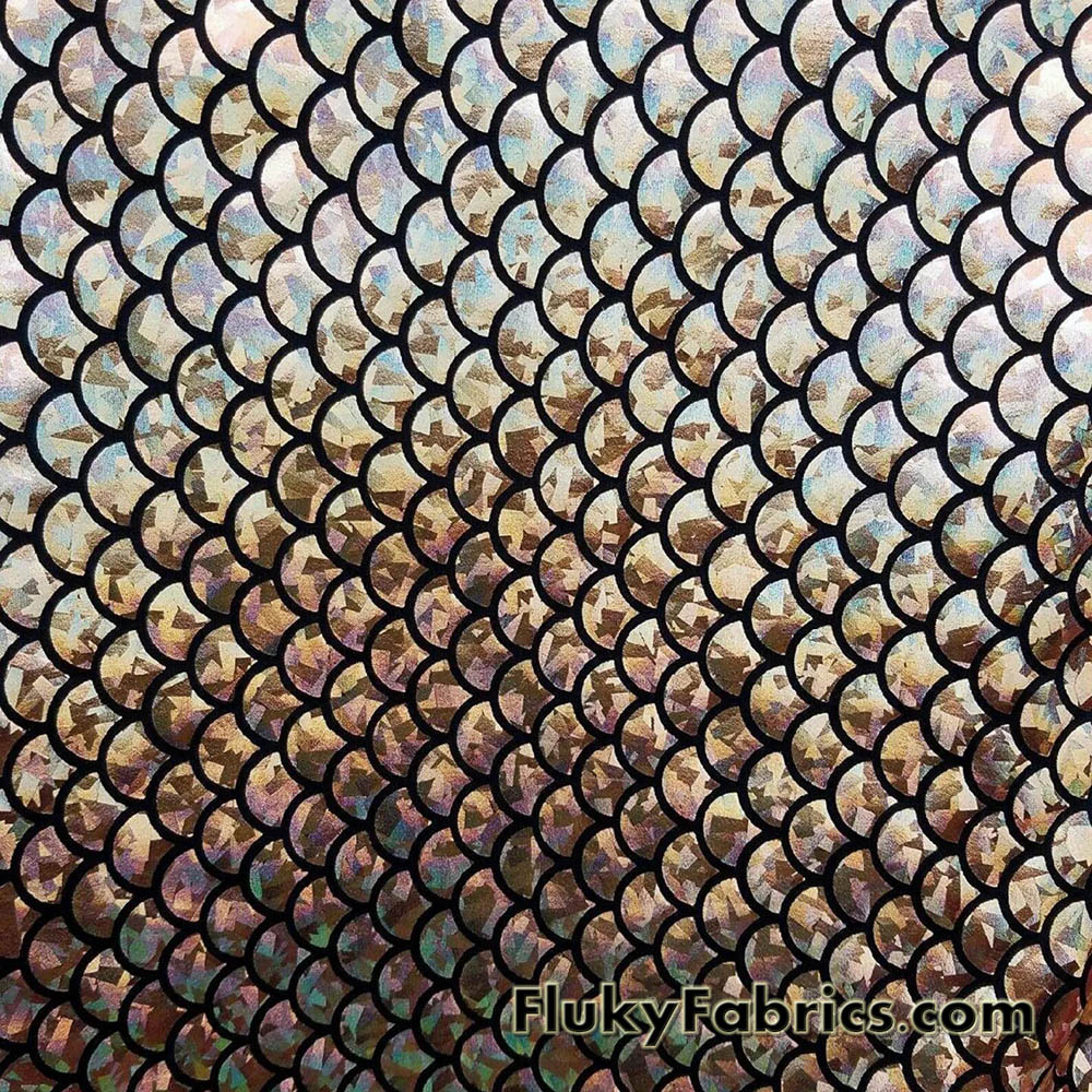 Golden Holo Mermaid Scales Fabric: Gold on Black 4-Way Stretch Nylon Spandex