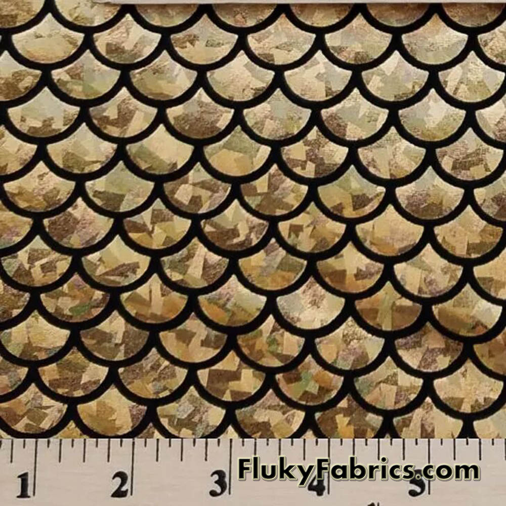 Golden Holo Mermaid Scales Fabric: Gold on Black 4-Way Stretch Nylon Spandex