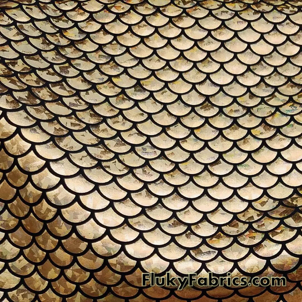 Golden Holo Mermaid Scales Fabric: Gold on Black 4-Way Stretch Nylon Spandex