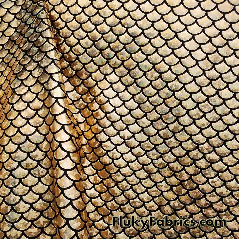 Golden Holo Mermaid Scales Fabric: Gold on Black 4-Way Stretch Nylon Spandex