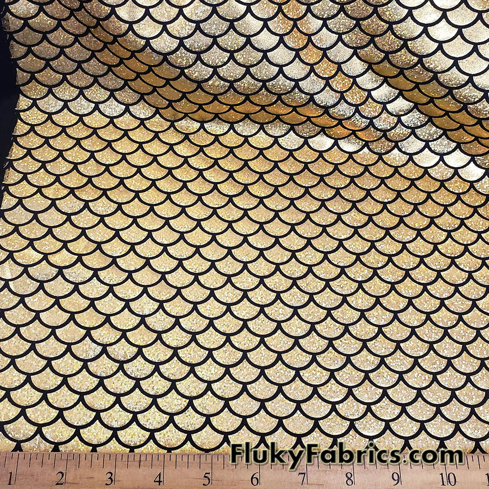 Golden Holo Mermaid Scales Fabric: Gold on Black 4-Way Stretch Nylon Spandex